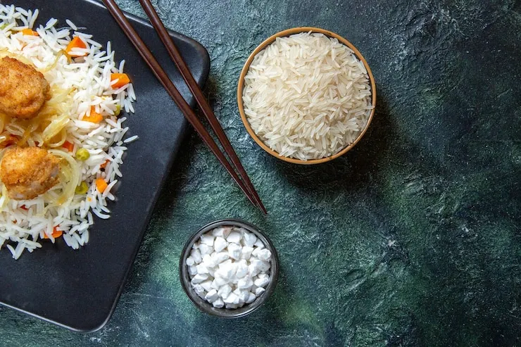 Bags of high-quality long-grain rice.