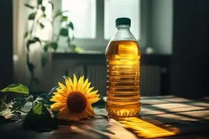 Bottles of vegetable and sunflower cooking oil.